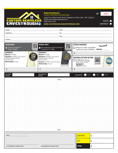 10 x 50 Order Pads NCR 3 copies Custom Eavestroughing by Robert Kerkhoven